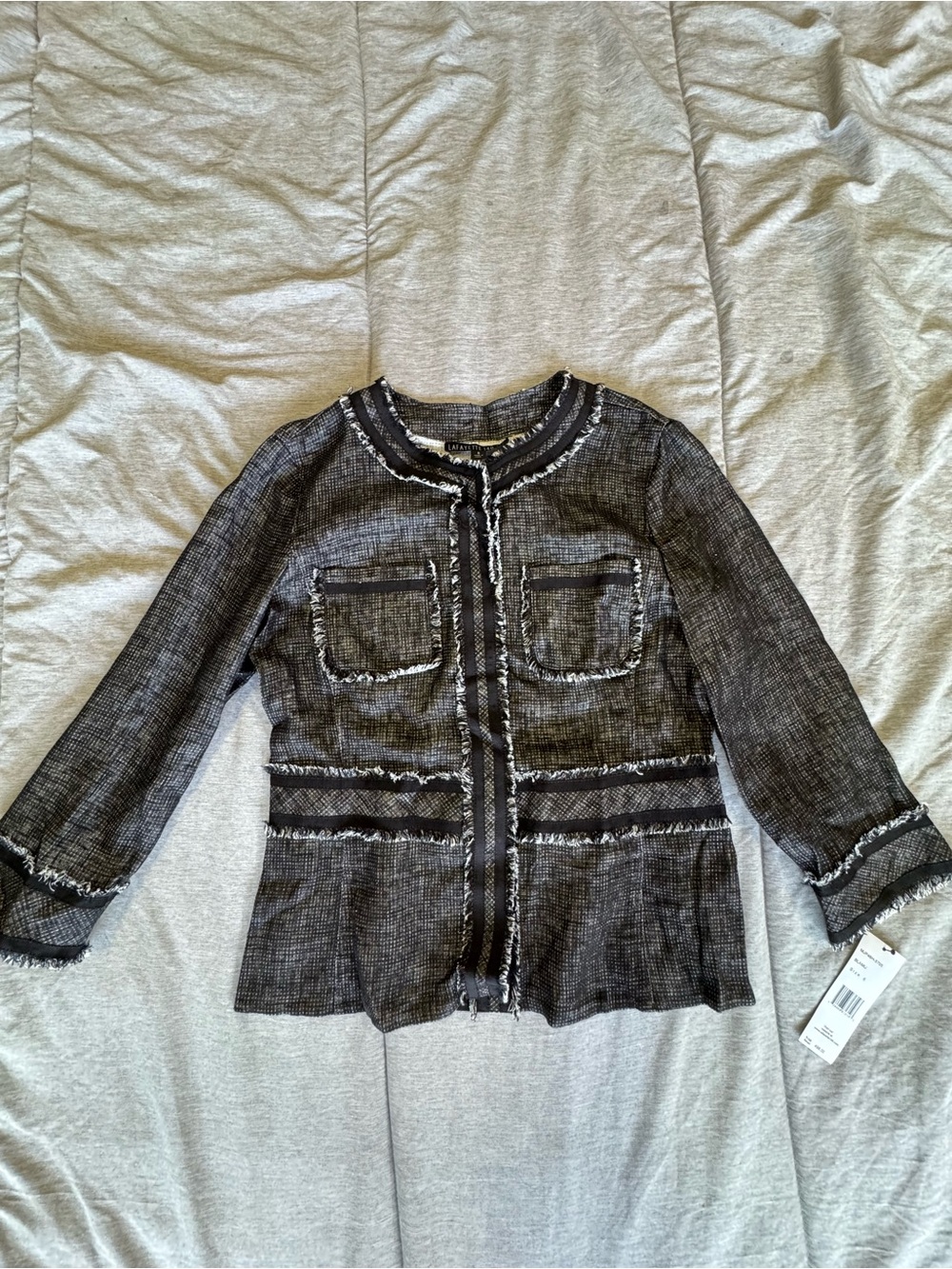 Lafayette 148 New York Charcoal Tweed Fringed Jacket